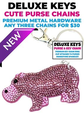 DeLuxe Keys Rhinestone Keychain/Purse Chain-PINK HIPPO